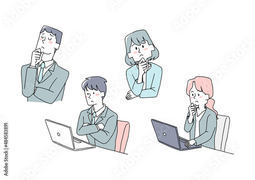 考え事をしているビジネスマンのセット　コミカルな手書きの人物　ベクター、線画にシンプルな色つけ