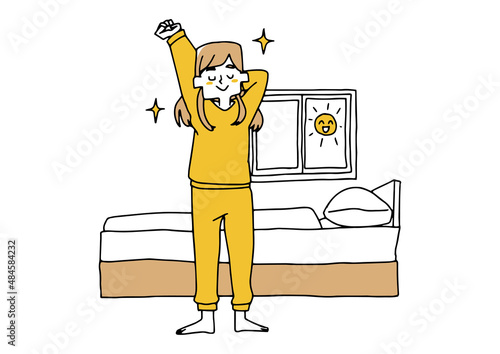 朝気持ちよく目覚めた若い女性　コミカルな手書きの人物イラスト　ベクター線画にシンプルな色つけ　