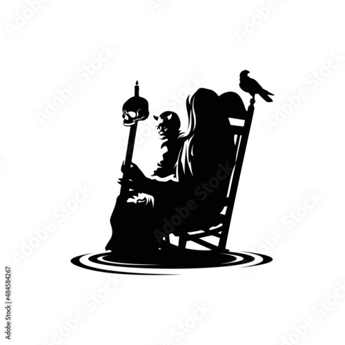 silhouette of woman lady ladies female devil evil ghost sitting on the old chair with little child ghost in his lap, with magic wand skull stick in his hand and a crow raven logo design inspiration