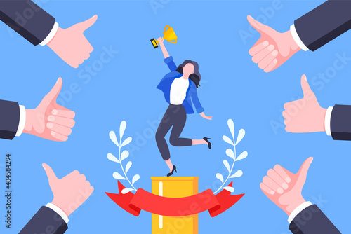 Best worker employee winner with trophy cup inside award ribbon and floral wreath flat style design vector illustration. Employee of the month, talent award, best worker competition prize.
