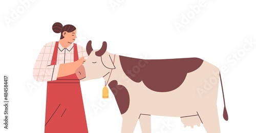 Happy woman farmer and caring about milk cow. Dairy farm worker and domestic animal, cattle. Cowherd and livestock portrait. Flat vector illustration of female shepherd isolated on white background