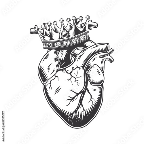 King heart anatomically hand drawn line art. vintage Flash tattoo or print design vector illustration.