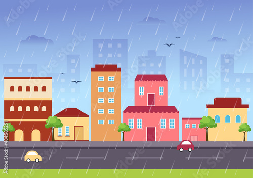Fototapeta Naklejka Na Ścianę i Meble -  Rain Storm Background Vector Illustration at Rainy Weather with Scenery Cityscape or Park and Empty Public Place with Puddle for Banner or Poster