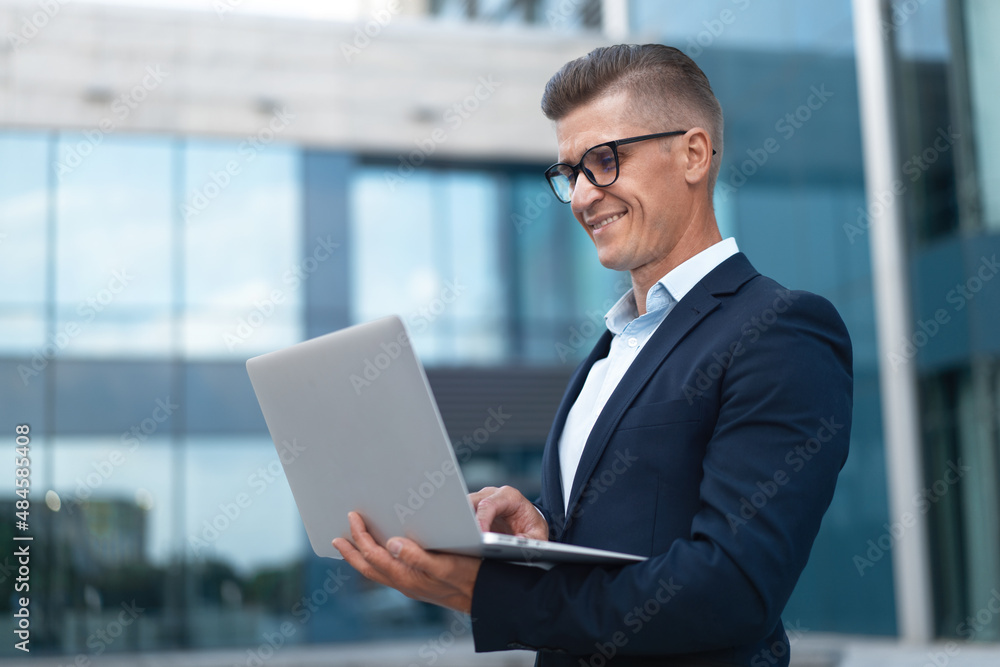 Business. Businessman Using Laptop Outdoor Summer Day Business. Businessman Using Laptop Outdoor Summer Day