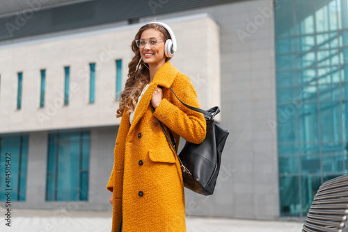 Woman Wear Eyeglasses Listen Music Headphone Walking Outdoor