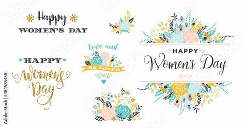 Happy Womens Day. Illustrations of flowers and inscriptions. Vector clipart.