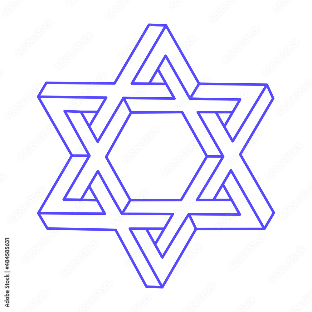 Optical illusion logo in trendy 2022 Very Peri color. Impossible shapes. Sacred geometry figures. Abstract eternal geometric objects. Optical art. Impossible geometry shape on a white background. Optical illusion logo in trendy 2022 Very Peri color. Impossible shapes. Sacred geometry figures. Abstract eternal geometric objects. Optical art. Impossible geometry shape on a white background.