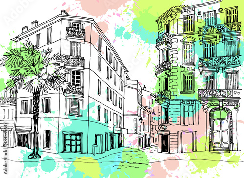 Old town street in hand drawn sketch style. Cannes, Provence, France, Vector illustration. Small European city. Urban landscape on blobs colorful background	