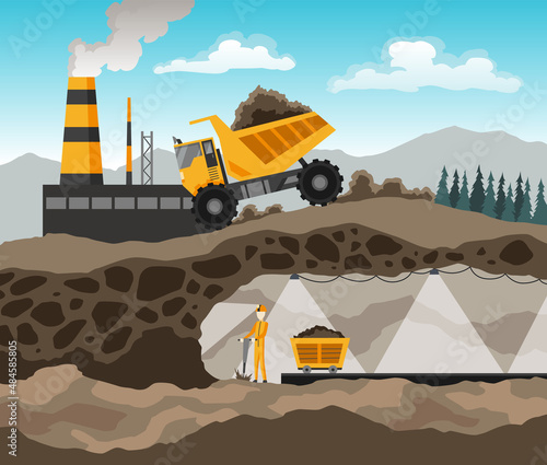 Coal mining. Miners with tools under ground. Industrial equipment and machinery on background in layers of soil. Miner in mine produces breed. Truck carries the rock from the mine to the plant