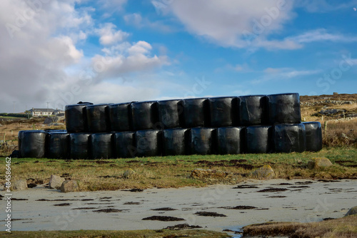 Stack of hay in a black plastic wrap on a field by a farm. Food supply for cows, horses and sheep to feed on winter. Warm sunny day. Agriculture industry. © mark_gusev