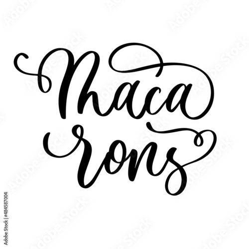 Macarons lettering logo. Linear calligraphy inscription of macarons store on white background.