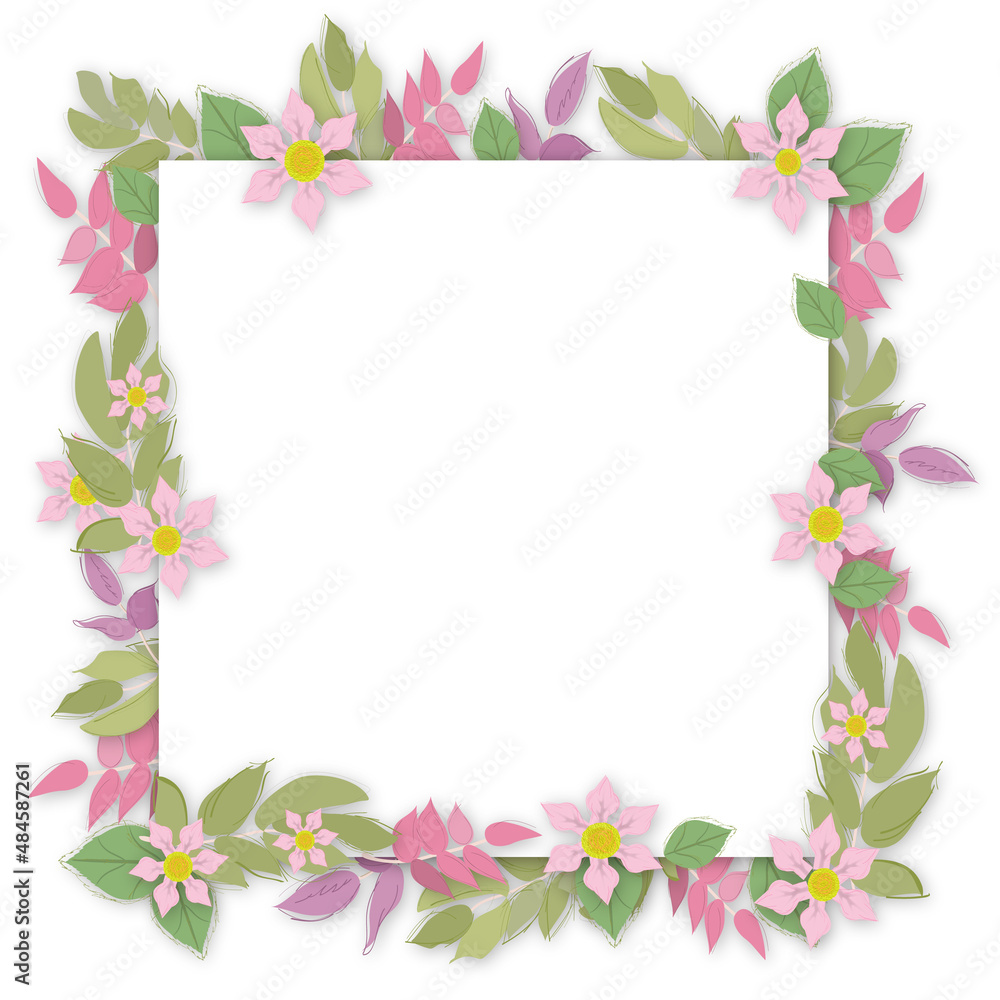 Frame with delicate leaves and flowers. Frame for wedding invitations, save the date or greeting cards.