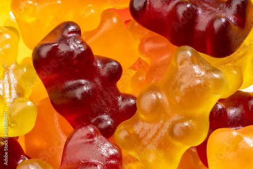 Detailed and large close up shot of different gummy bears.