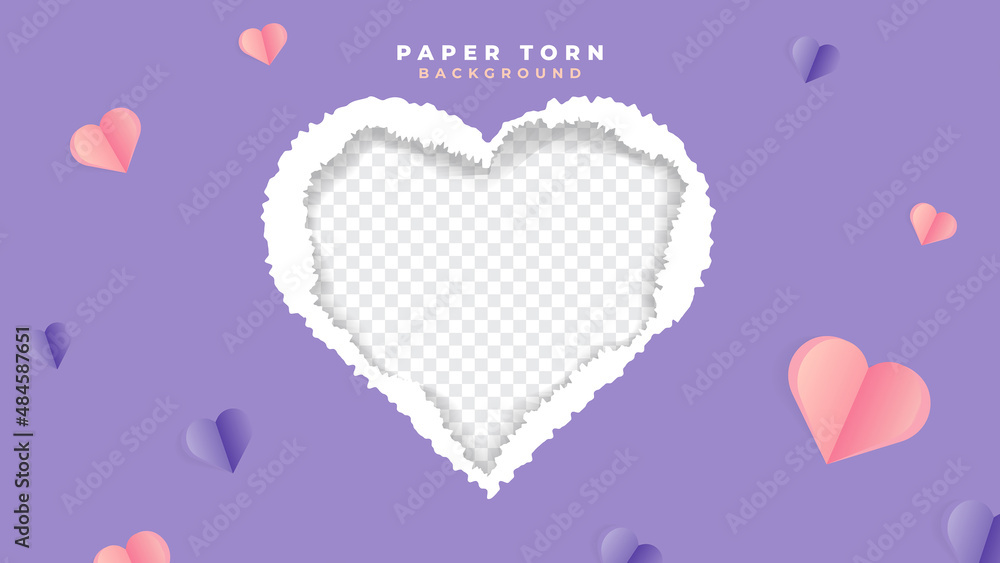 Editable purple torn paper design with love shaped blank space to insert text, products, or photos