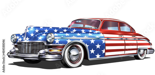 Cars painted up as American flags isolated on white background. 