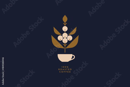 Coffee tree sprout with coffee fruits over a cup. Can be used for packaging and label design. Vector