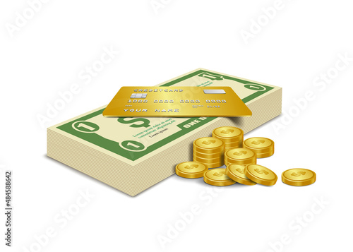 A golden credit card was placed on a dollar bill and beside it was a gold coin for financial business concept design,vector 3d isolated on white background