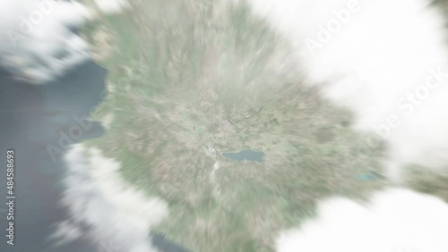 Earth zoom in from outer space to city. Zooming on Mexico, Guadalajara. The animation continues by zoom out through clouds and atmosphere into space. View of the Earth at night. Images from NASA. 4K photo