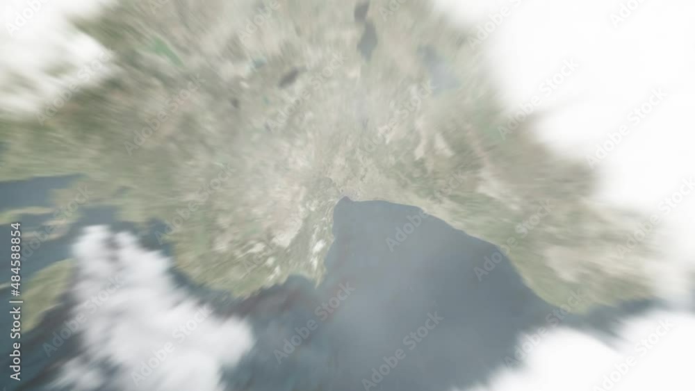 Earth zoom in from outer space to city. Zooming on Turkey, Antalya. The animation continues by zoom out through clouds and atmosphere into space. View of the Earth at night. Images from NASA. 4K