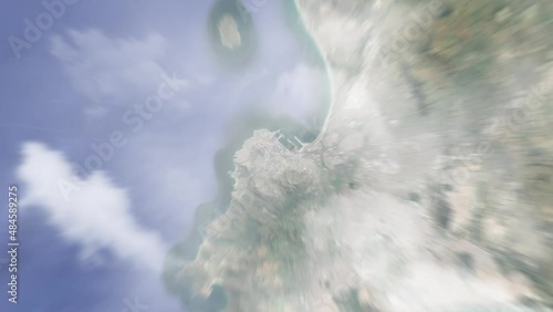Earth zoom in from outer space to city. Zooming on Cape Town, South Africa. The animation continues by zoom out through clouds and atmosphere into space. View of the Earth at night. Images from NASA