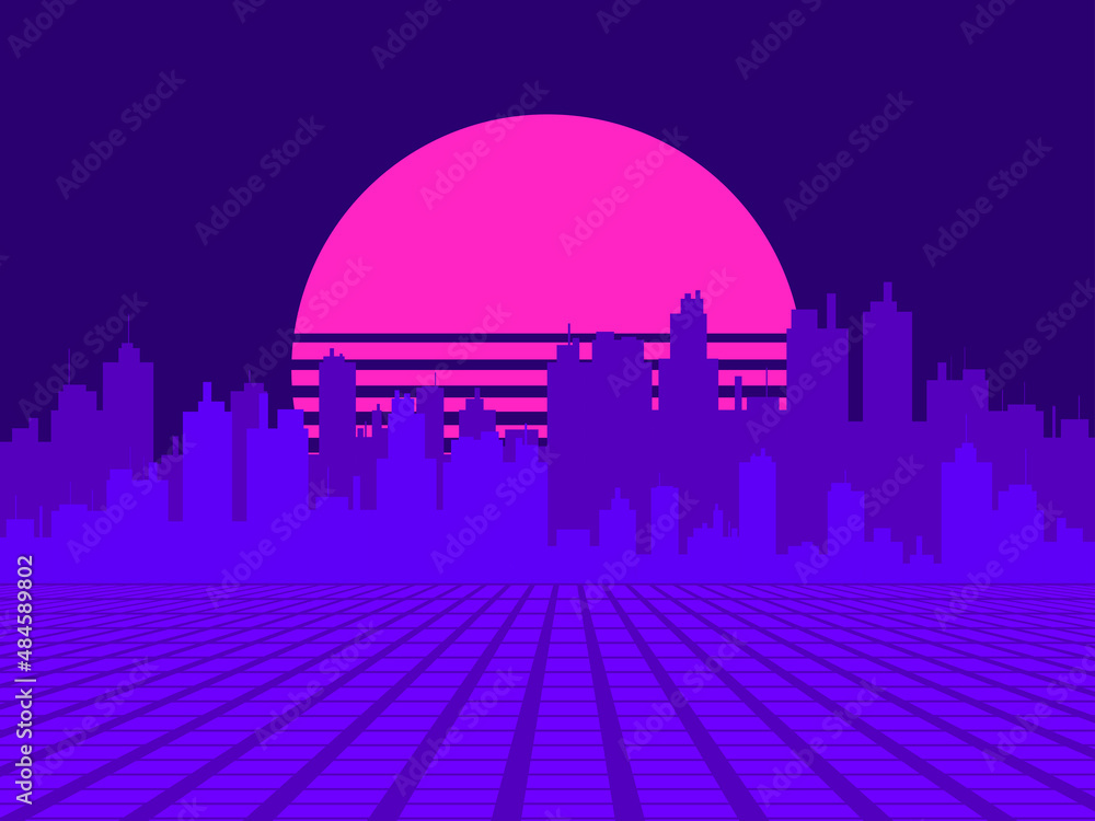 Cityscape in virtual reality with the sun in the style of the 80s. Retro futuristic city landscape with sunset in virtual reality. Synthwave and retrowave style. Vector illustration