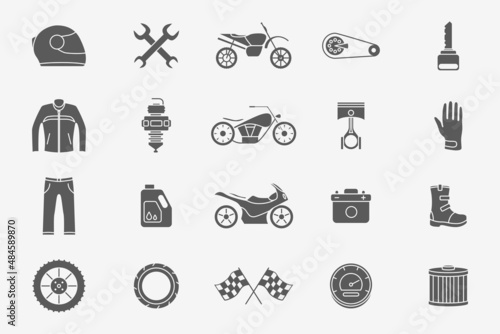 Moto Icons set - Vector silhouettes of motorcycle, engine, wheel, helmet and other parts and accessories for the site or interface