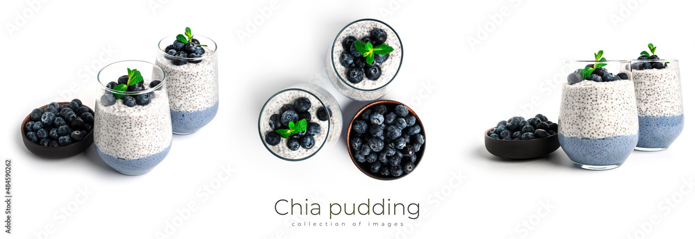 Chia pudding with blueberries isolated on white background. Chia pudding, mint and blueberries.