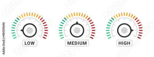 Speedometer, tachometer, rotation meter. Performance measurement. Risk meter. Level meter. Vector illustration