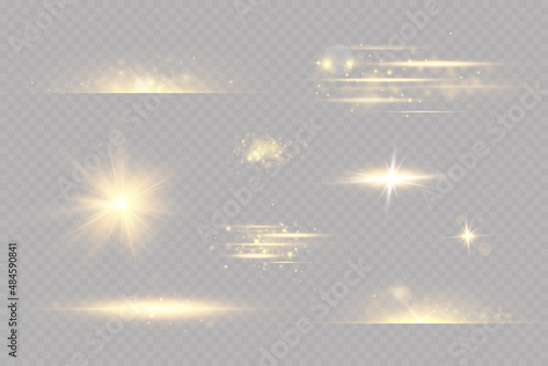 Shining golden stars. Light effects, glare, glitter, explosion, golden light. Vector illustration.