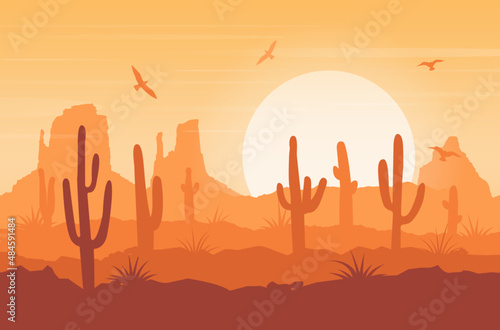 Fotografia Desert landscape background with dunes, cacti, sun
and birds