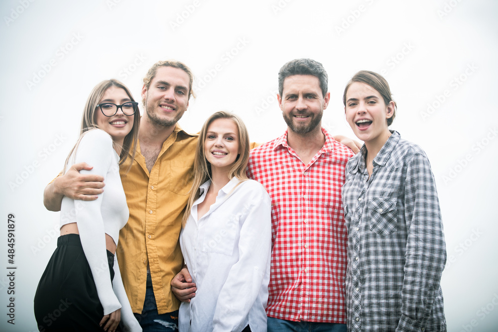 Smiling group of friends laughing. Company students best friends making selfies. Group young people team posing together.