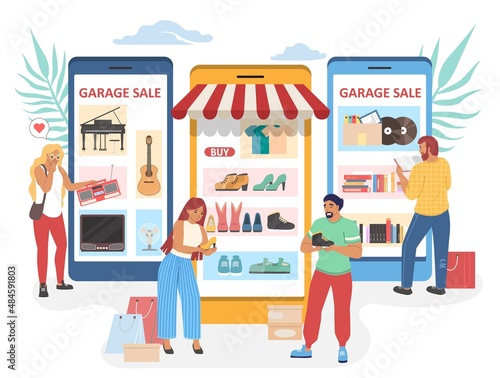 Garage sale app to shop and sell used clothes and items, vector illustration. Online flea market.