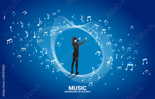 Vector silhouette of conductor standing with flying music note . Concept background for orchestra concert and recreation.