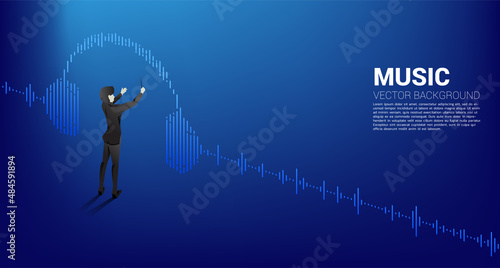 Vector silhouette of conductor standing with headphone Music Equalizer background. Concept background for classic music concert and recreation.