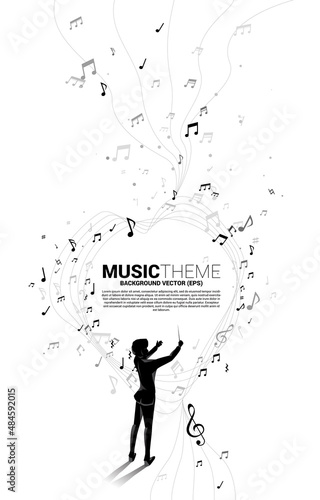 Vector silhouette of conductor standing with flying music note . Concept background for orchestra concert and recreation.