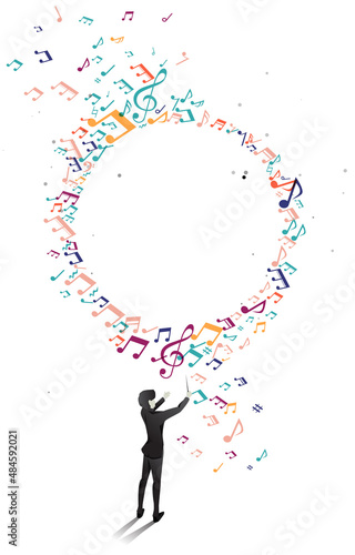Vector silhouette of conductor standing with flying music note . Concept background for orchestra concert and recreation.