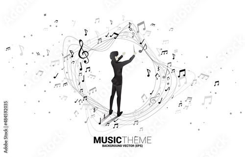 Vector silhouette of conductor standing with flying music note . Concept background for orchestra concert and recreation.