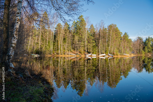 Rowing boats on the shore of The Lake Matildanjarvi, Teijo National Park, Finland