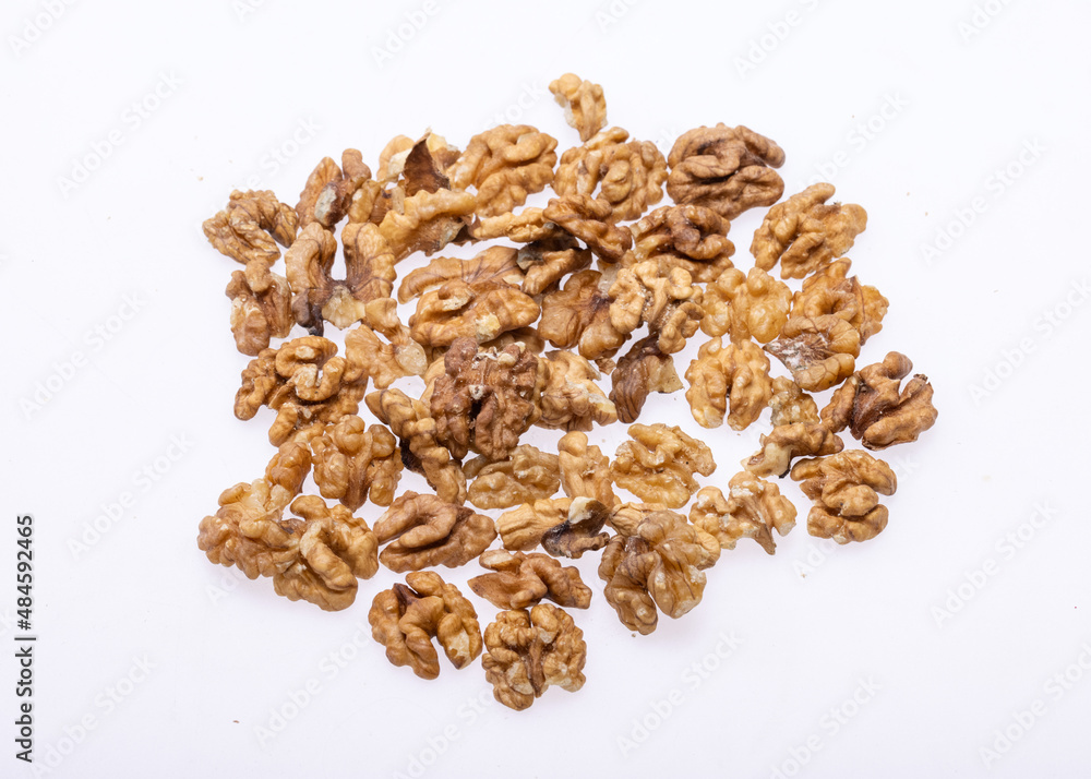 Shelled Walnuts Pile Top View Isolated On White Background. Shelled Walnuts Pile Top View Isolated On White Background.