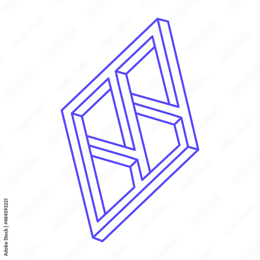 Impossible shape. Logo in trendy 2022 Very Peri color. Sacred geometry figure. Optical illusion. Abstract eternal geometric object.  Optical art. Impossible geometry shape on a white background.