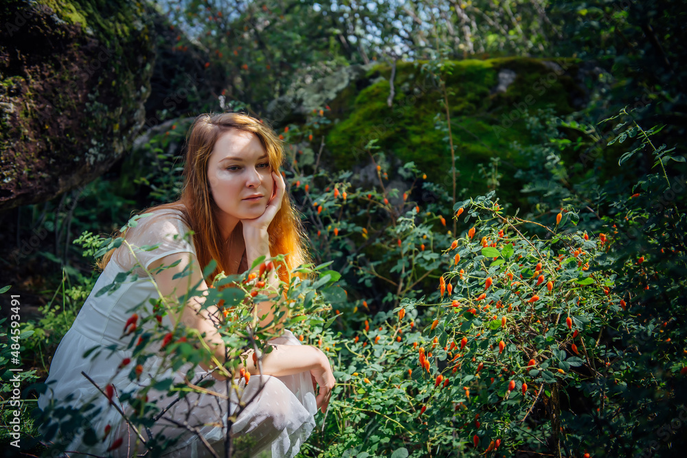 Beautiful dreamy woman in white dress sitting among green rosehip bushes in summer forest. Portrait of a young romantic girl with red hair on the background of nature. Image of fairy-tale nymph. Beautiful dreamy woman in white dress sitting among green rosehip bushes in summer forest. Portrait of a young romantic girl with red hair on the background of nature. Image of fairy-tale nymph.