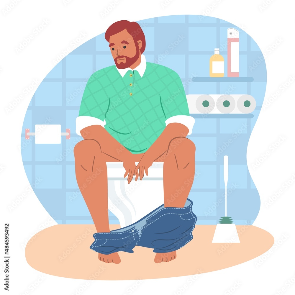 Man sitting on toilet bowl, vector illustration. Toilet routine.