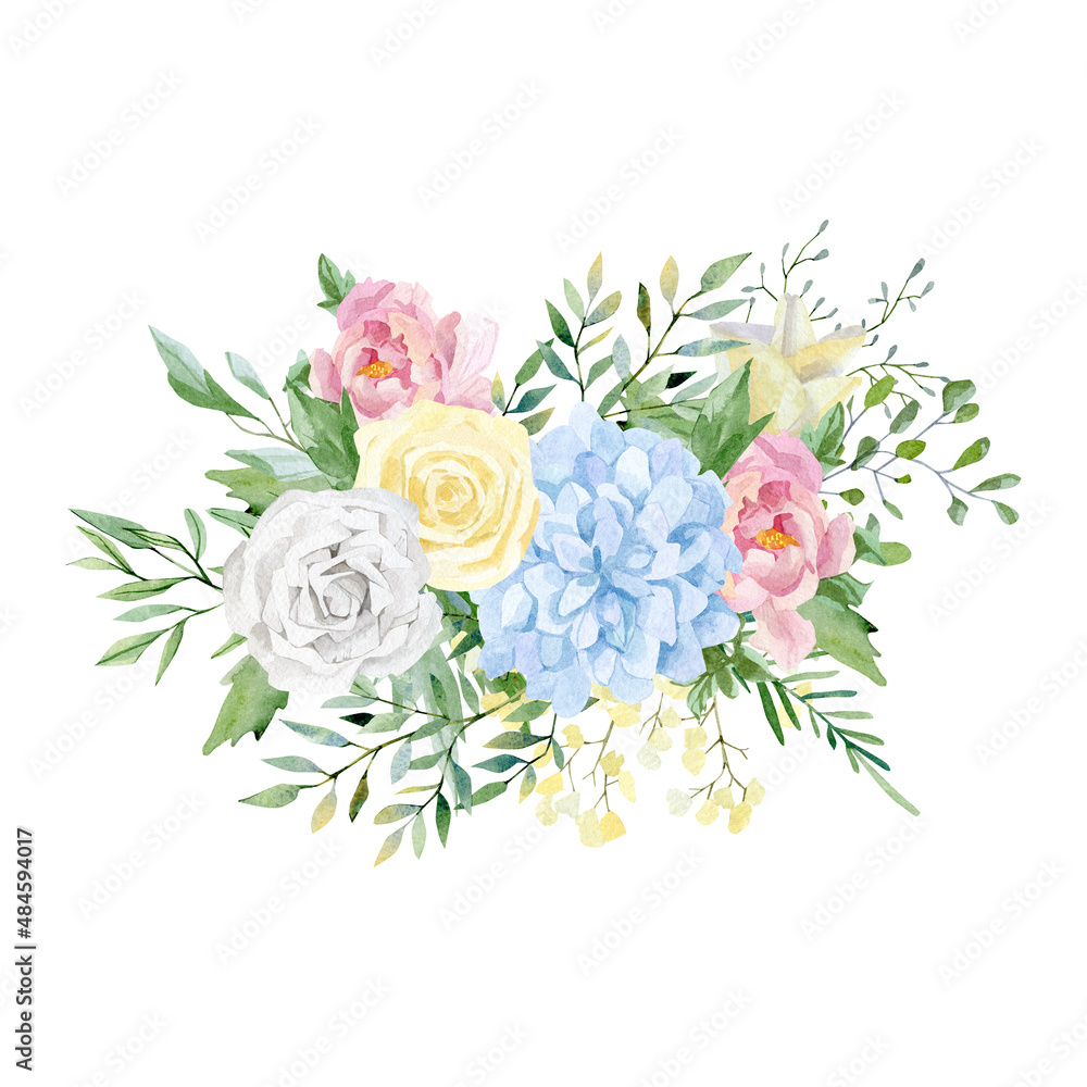 Watercolor floral bouquet illustration with violet pink blue yellow white flowers, wild flowers, green leaves, foliage, branches for wedding stationery, greeting card, baby shower, banner, logo design