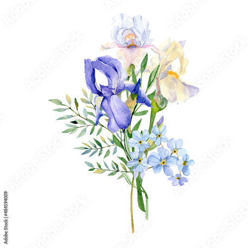 Watercolor floral bouquet illustration with violet pink blue yellow flowers, wildflowers, green leaves, foliage, branches for wedding stationery, greeting card, baby shower, banner, logo design.