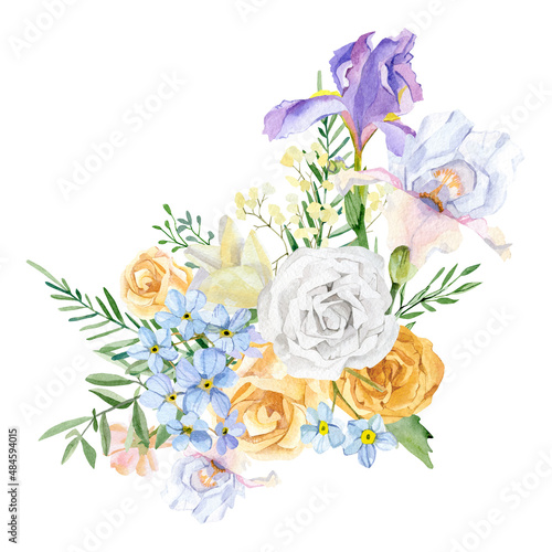 Watercolor floral bouquet illustration with violet pink blue yellow white flowers, wild flowers, green leaves, foliage, branches for wedding stationery, greeting card, baby shower, banner, logo design
