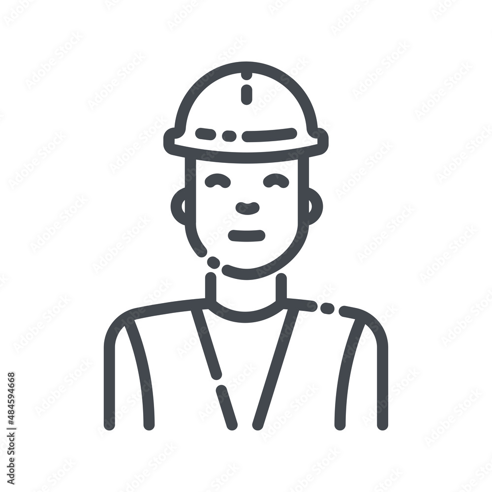 Construction worker in helmet and protective work clothes line icon
