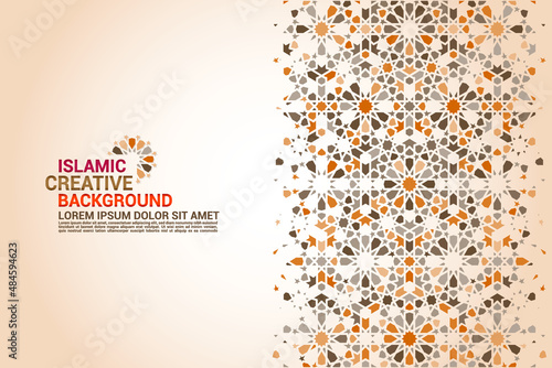 Islamic greeting card, banner background with ornamental colorful details of arabesque mosaic Islamic art ornament. Vector illustration.