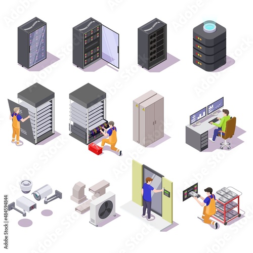 Data center isometric icon set, vector isolated illustration. Computer network equipment, server racks and staff.