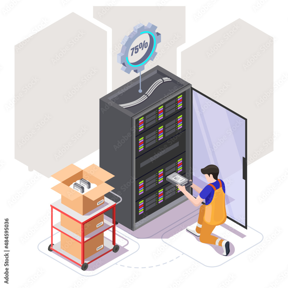 Engineer fixing server network in data center, vector isometric illustration. Server maintenance and repair services. Engineer fixing server network in data center, vector isometric illustration. Server maintenance and repair services.