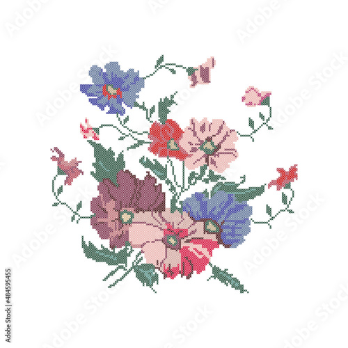 Cross stitch embroidery, national Ukrainian pattern, floral ornament, vector.